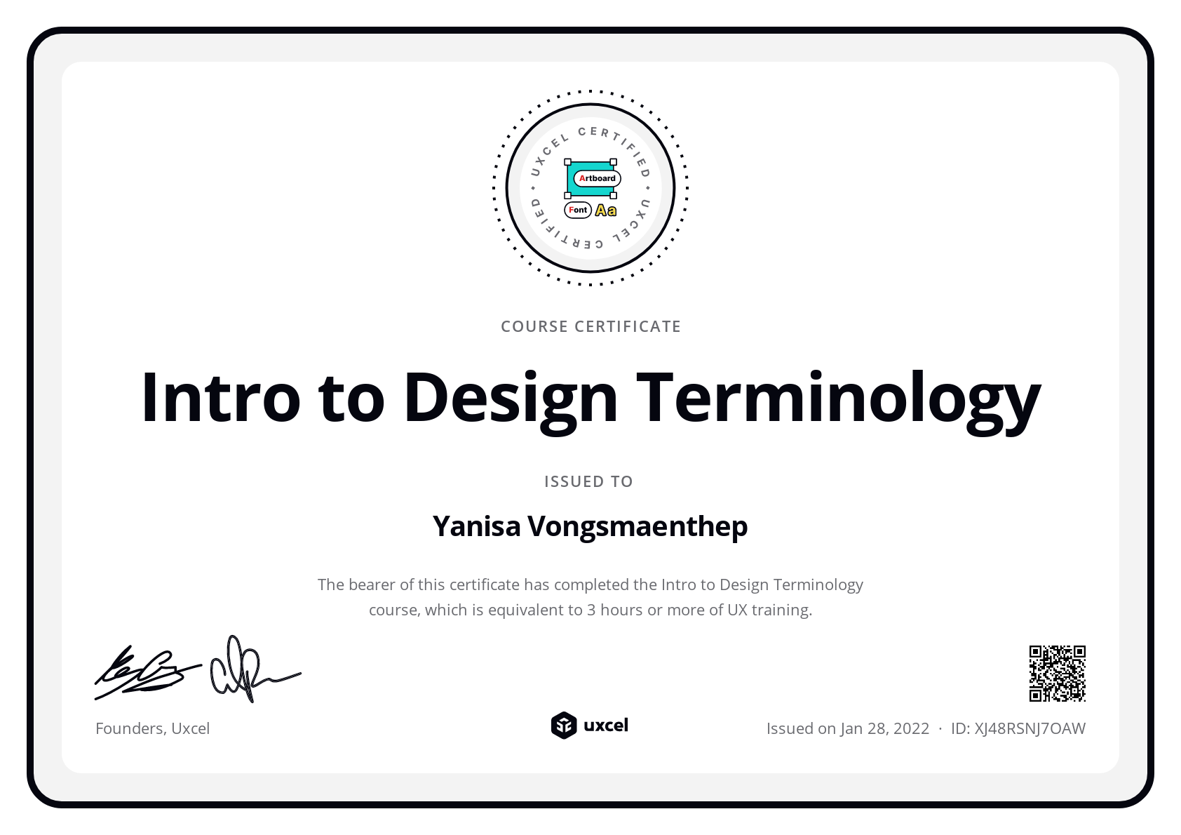 Yanisa Vongsmaenthep's certificate